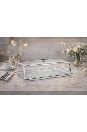 Polikarbon GN 1/1 Fanus Kapaklı Servis Tepsisi 32.5x53 cm | Şeffaf Sunum Kapağı