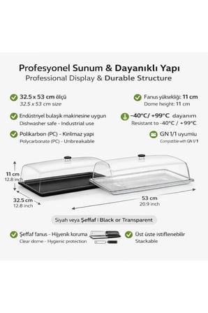Polikarbon GN 1/1 Fanus Kapaklı Servis Tepsisi 32.5x53 cm | Şeffaf Sunum Kapağı