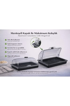 Polikarbon GN 1/2 Menteşeli Fanus Kapaklı Servis Tepsisi 32.5x26.5 cm | Açılır Kapanır Kapak