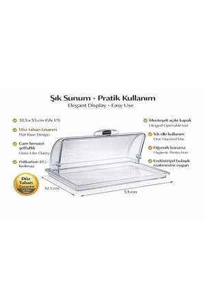 Polikarbon GN 1/1 Menteşeli Fanus Kapaklı Servis Tepsisi 32.5x53 cm | Açılır Kapanır Kapak