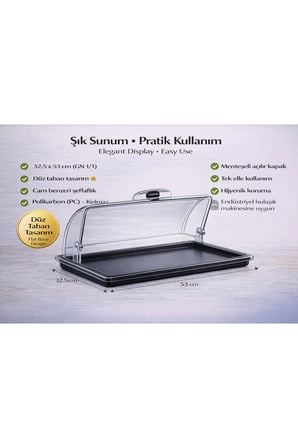 Polikarbon GN 1/1 Menteşeli Fanus Kapaklı Servis Tepsisi 32.5x53 cm | Açılır Kapanır Kapak