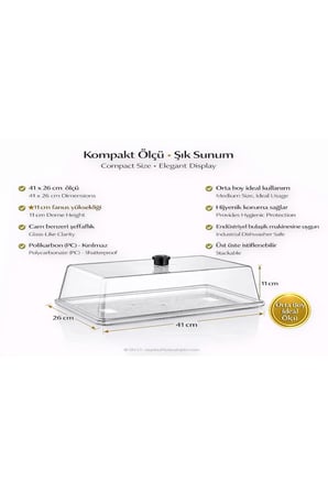 Polikarbon Fanus Kapaklı Servis Tepsisi 41x26 cm | 11 cm Yükseklik – Şeffaf Sunum Kapağı