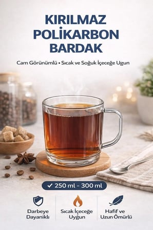 Polikarbon Kırılmaz Kulplu Bardak 6 Adet 250 ML Cam Görünümlü Çay Kahve Bardağı Sıcak Soğuk Uyumlu
