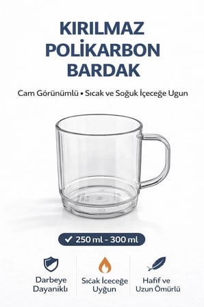 Polikarbon Kırılmaz Kulplu Bardak 6 Adet 250 ML Cam Görünümlü Çay Kahve Bardağı Sıcak Soğuk Uyumlu