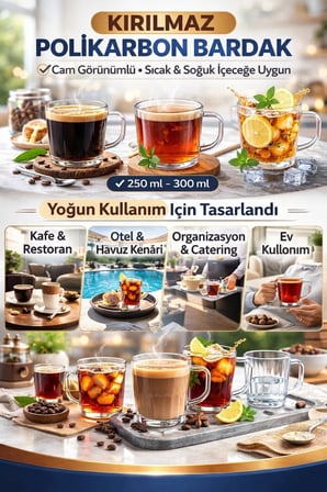 Polikarbon Kırılmaz Kulplu Bardak 6 Adet 250 ML Cam Görünümlü Çay Kahve Bardağı Sıcak Soğuk Uyumlu