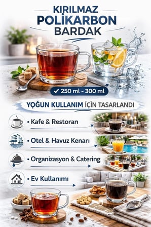 Polikarbon Kırılmaz Kulplu Bardak 6 Adet 250 ML Cam Görünümlü Çay Kahve Bardağı Sıcak Soğuk Uyumlu