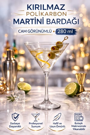 Polikarbon Martini Kadehi Kırılmaz Cam Görünümlü 6 Adet 280 ML Kokteyl Bardağı