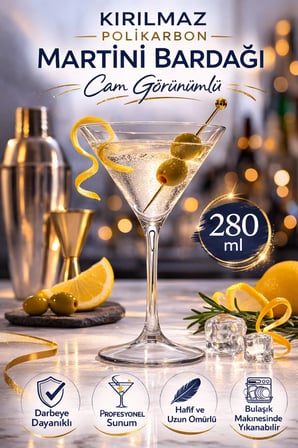 Polikarbon Martini Kadehi Kırılmaz Cam Görünümlü 6 Adet 280 ML Kokteyl Bardağı
