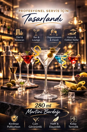 Polikarbon Martini Kadehi Kırılmaz Cam Görünümlü 6 Adet 280 ML Kokteyl Bardağı