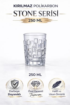 Kırılmaz Polikarbon Stone Serisi Bardak 6 Adet 250 ml Cam Görünümlü Desenli Tasarım