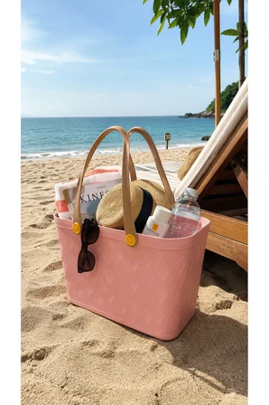 Deri Görünümlü Çok Amaçlı Kulplu Plastik Organizer Sepet El Çantası Plaj Çantası, Piknik Sepeti, Dekoratif Sepet