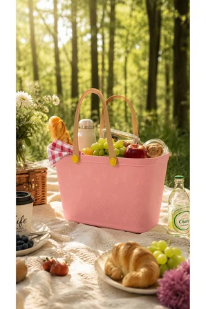 Deri Görünümlü Çok Amaçlı Kulplu Plastik Organizer Sepet El Çantası Plaj Çantası, Piknik Sepeti, Dekoratif Sepet