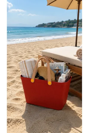 Deri Görünümlü Çok Amaçlı Kulplu Plastik Organizer Sepet El Çantası Plaj Çantası, Piknik Sepeti, Dekoratif Sepet