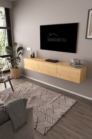 DF17103 Dolaplı Duvara Monte TV Ünitesi 180 cm Modern Askılı Dekoratif Stil TV Sehpası  Safir Meşe