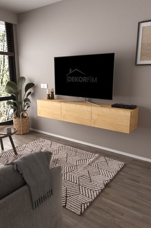 DF17103 Dolaplı Duvara Monte TV Ünitesi 180 cm Modern Askılı Dekoratif Stil TV Sehpası  Safir Meşe