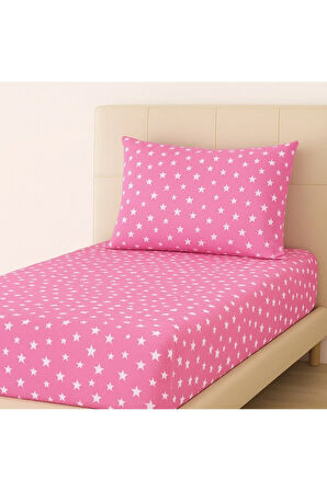 Desenli 100 x 200 cm Tek Kişilik Pembe Yıldız Lastikli Çarşaf ve Yastık Kılıfı