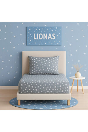 Desenli 120 x 200 cm Ara Ölçü Gri Yıldız Lastikli Çarşaf ve Yastık Kılıfı