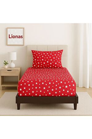 Desenli 120 x 200 cm Ara Ölçü Kırmızı Yıldız Lastikli Çarşaf ve Yastık Kılıfı