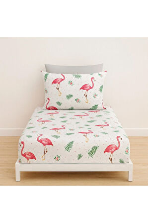 Tek Kişilik Flamingo Desen 90 X 200 Cm Lastikli Çarşaf Ve Yastık Kılıfı