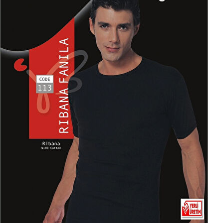 Erkek Siyah Ribana Yarım Kol Atlet % 100 Pamuklu Fanila 3'lü Paket 113-3S