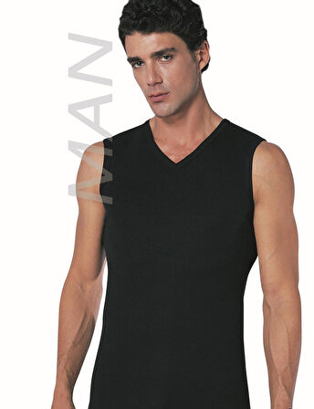 Erkek Siyah Atlet Ribana Sıfır Kol V Yaka % 100 Pamuklu Body 3’lü Paket 116-3S