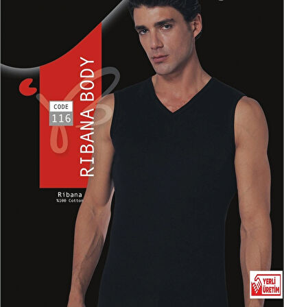 Erkek Siyah Atlet Ribana Sıfır Kol V Yaka % 100 Pamuklu Body 3’lü Paket 116-3S