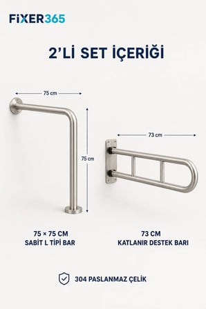 2’li Klozet Yanı Tutunma Barı Seti Paslanmaz L Tipi 75 cm ve Katlanır 73 cm Bakanlık Ruhsatına Uygun