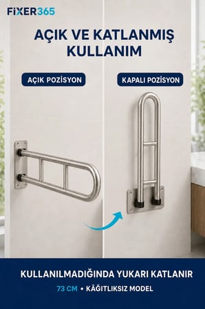 2’li Klozet Yanı Tutunma Barı Seti Paslanmaz L Tipi 75 cm ve Katlanır 73 cm Bakanlık Ruhsatına Uygun