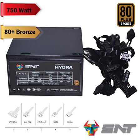 SNT Hydra-B 750W 80+ Bronze Siyah Kasa Power Supply 