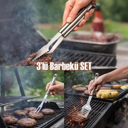 Porsima KJ-1007 3 Parça Paslanmaz Çelik Maşa-Spatula-Çatal Barbekü Seti Servis Seti