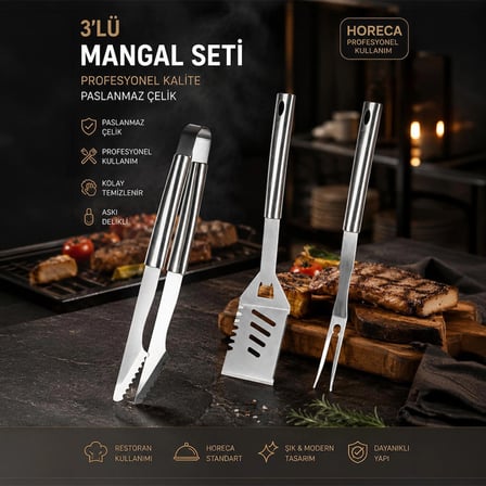 Porsima KJ-1007 3 Parça Paslanmaz Çelik Maşa-Spatula-Çatal Barbekü Seti Servis Seti