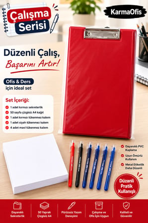 Çalışma Serisi Kırmızı Sekreterlik Seti | 50 Sayfa Çizgisiz A4 Kağıt + 6'lı Tükenmez Kalem | Renk Seçenekli