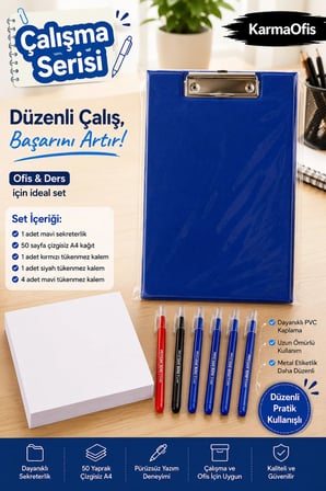 Çalışma Serisi Mavi Sekreterlik Seti | 50 Sayfa Çizgisiz A4 Kağıt + 6'lı Tükenmez Kalem | Renk Seçenekli