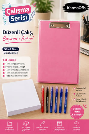 Çalışma Serisi Pembe Sekreterlik Seti | 50 Sayfa Çizgisiz A4 Kağıt + 6'lı Tükenmez Kalem | Renk Seçenekli