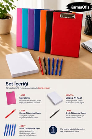 Çalışma Serisi Pembe Sekreterlik Seti | 50 Sayfa Çizgisiz A4 Kağıt + 6'lı Tükenmez Kalem | Renk Seçenekli
