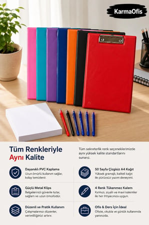 Çalışma Serisi Pembe Sekreterlik Seti | 50 Sayfa Çizgisiz A4 Kağıt + 6'lı Tükenmez Kalem | Renk Seçenekli
