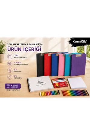 Boyama Seti | 25x35 cm Spiralli Resim Defteri, 12'li Kuru Boya, 12'li Pastel Boya, A4 Pembe Sekreterlik ve 50 Yaprak Çizgisiz Kağıt