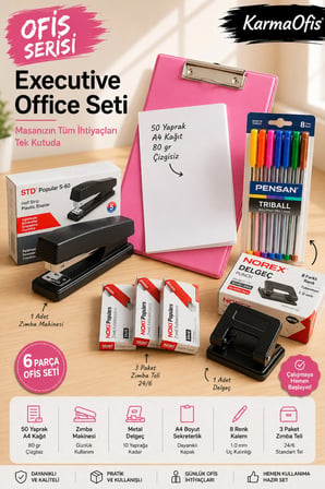 Ofis Serisi Executive Office Seti | Pembe A4 Sekreterlik, 50 Yaprak A4 Kağıt, Zımba Makinesi, Delgeç, 8 Renk Kalem ve 3 Paket Zımba Teli