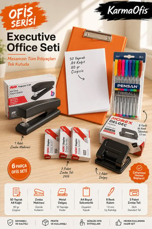 Ofis Serisi Executive Office Seti | Turuncu A4 Sekreterlik, 50 Yaprak A4 Kağıt, Zımba Makinesi, Delgeç, 8 Renk Kalem ve 3 Paket Zımba Teli