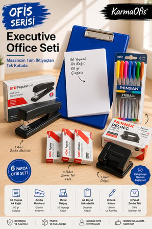 Ofis Serisi Executive Office Seti | Mavi A4 Sekreterlik, 50 Yaprak A4 Kağıt, Zımba Makinesi, Delgeç, 8 Renk Kalem ve 3 Paket Zımba Teli