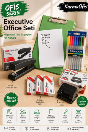Ofis Serisi Executive Office Seti | Yeşil A4 Sekreterlik, 50 Yaprak A4 Kağıt, Zımba Makinesi, Delgeç, 8 Renk Kalem ve 3 Paket Zımba Teli