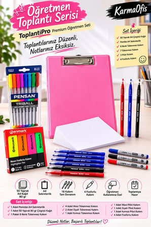 Öğretmen Toplantı Seti A4 Pembe Sekreterlikli | 50 Yaprak Kağıt, 18 Kalem ve 4 Fosforlu Kalemli Premium Toplantı Seti