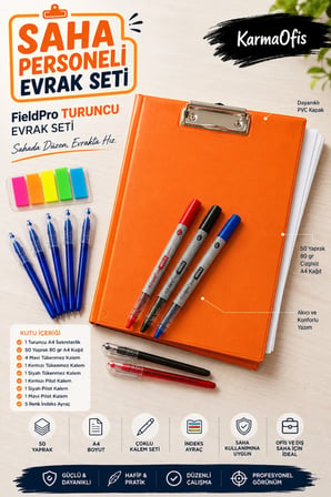 Saha Personeli Evrak Seti A4 Turuncu Sekreterlikli – 50 Yaprak Çizgisiz Kağıt, Tükenmez ve Pilot Kalemli Profesyonel Evrak Düzenleme Seti