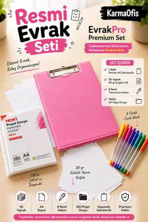 Resmi Evrak Seti | Pembe A4 Sekreterlik + 50 Yaprak A4 Kağıt + 8 Renk Tükenmez Kalem + 100'lü Poşet Dosya | Profesyonel Evrak Düzenleme Seti