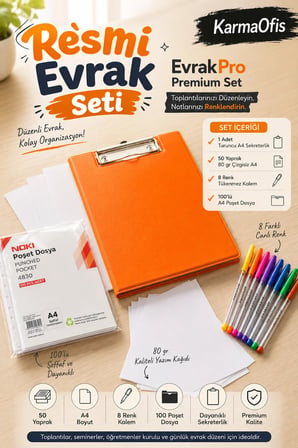 Resmi Evrak Seti | Turuncu A4 Sekreterlik + 50 Yaprak A4 Kağıt + 8 Renk Tükenmez Kalem + 100'lü Poşet Dosya | Profesyonel Evrak Düzenleme Seti