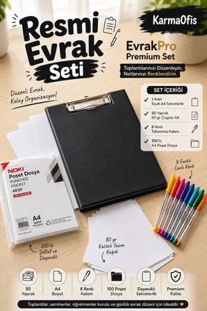Resmi Evrak Seti | Siyah A4 Sekreterlik + 50 Yaprak A4 Kağıt + 8 Renk Tükenmez Kalem + 100'lü Poşet Dosya | Profesyonel Evrak Düzenleme Seti