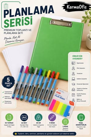 Planlama Serisi Premium Toplantı ve Planlama Seti | A4 Yeşil Sekreterlik, 50 Yaprak Not Kağıdı, 9 Renk Fineliner Kalem ve 5 Renk Film Ayraç