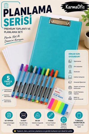 Planlama Serisi Premium Toplantı ve Planlama Seti | A4 Turkuaz Sekreterlik, 50 Yaprak Not Kağıdı, 9 Renk Fineliner Kalem ve 5 Renk Film Ayraç
