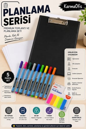 Planlama Serisi Premium Toplantı ve Planlama Seti | A4 Siyah Sekreterlik, 50 Yaprak Not Kağıdı, 9 Renk Fineliner Kalem ve 5 Renk Film Ayraç