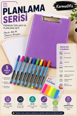 Planlama Serisi Premium Toplantı ve Planlama Seti | A4 Lila Sekreterlik, 50 Yaprak Not Kağıdı, 9 Renk Fineliner Kalem ve 5 Renk Film Ayraç